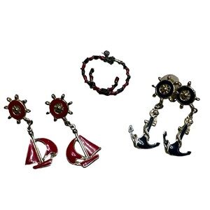 VTG Sailboat Anchor Coastal Nautical Earrings Bundle of 3 Sets Gold Red Blue